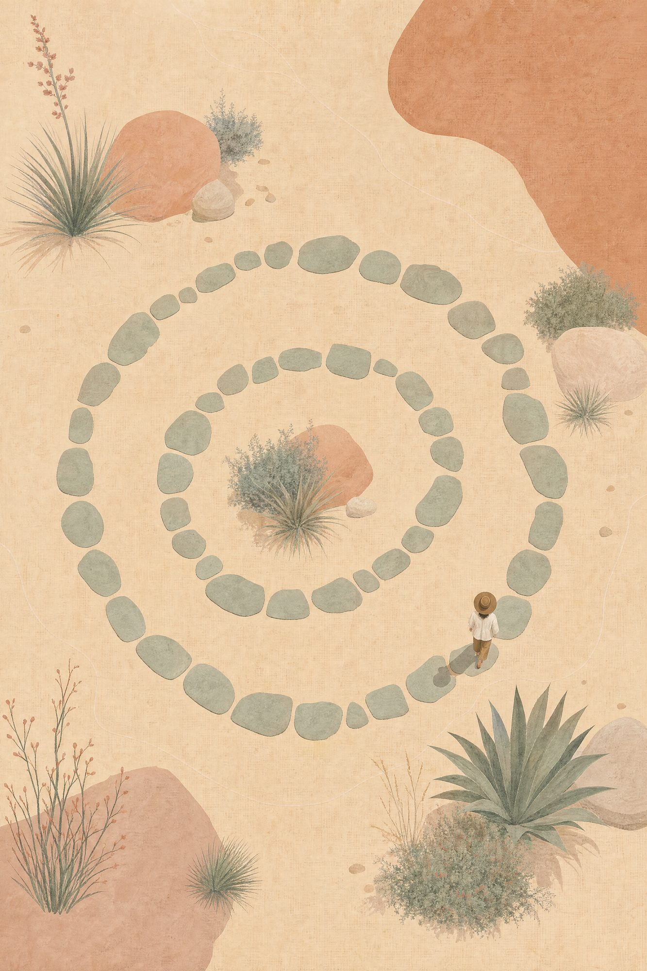 The Walk — The Quiet Hours print of a circular walking path laid out in loose stones on flat desert ground, seen from directly above, with one small figure partway along it