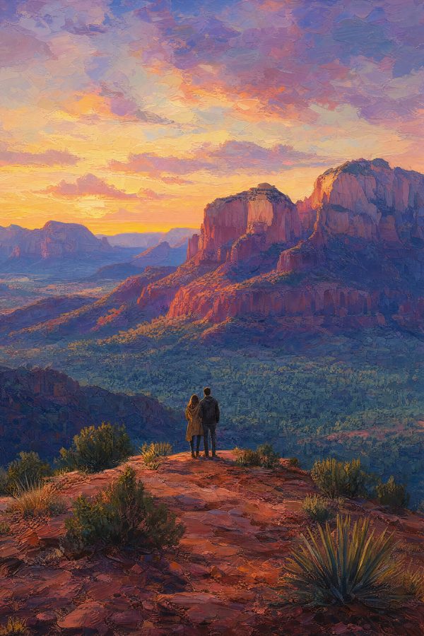 Two at the Overlook — Canyon Light print of a couple standing close together on a red rock overlook at sunset in Sedona Arizona, seen from behind at a respectful distance, small in the frame against an immense glowing landscape