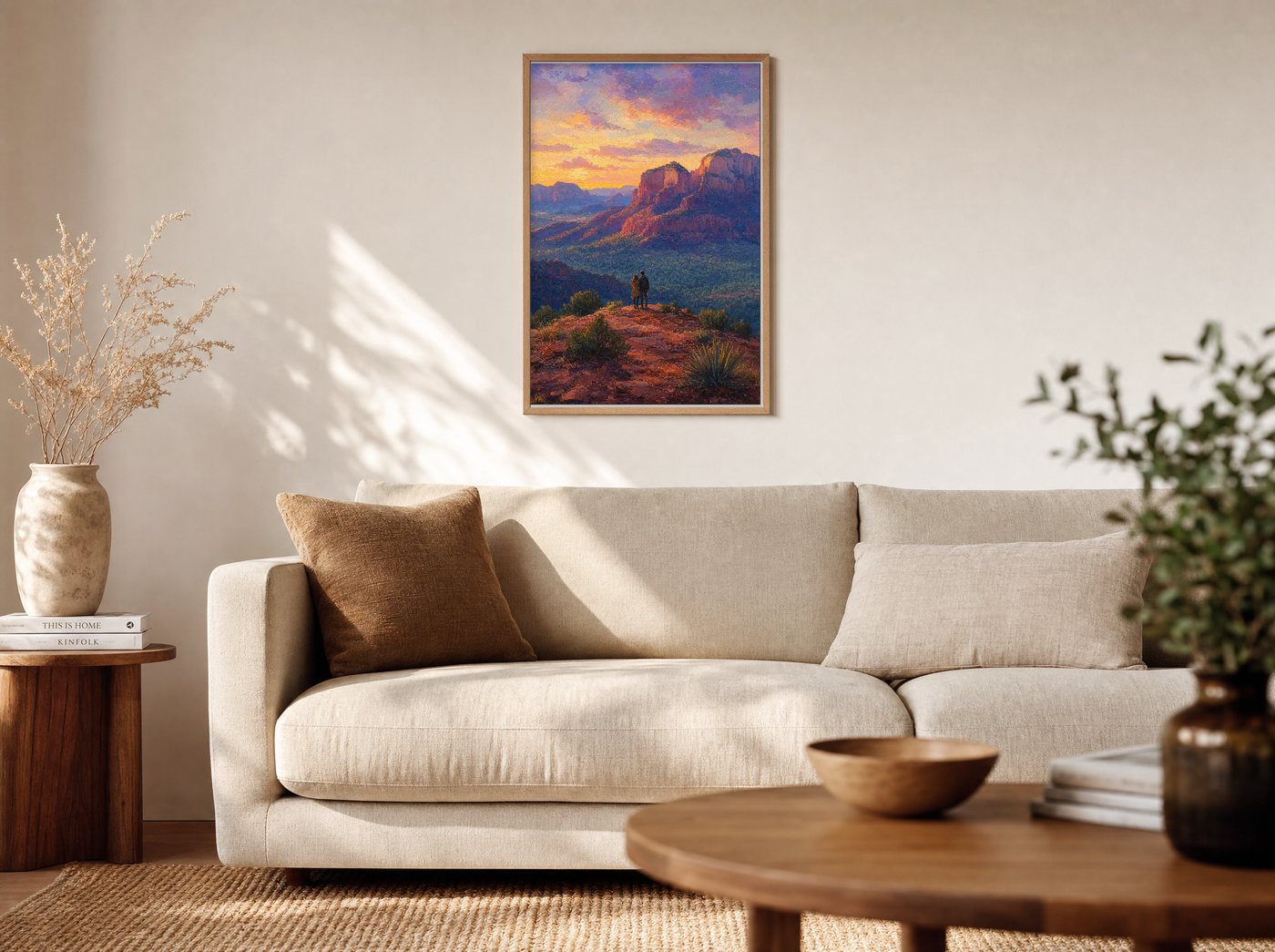 Two at the Overlook framed and hung — a warm living room