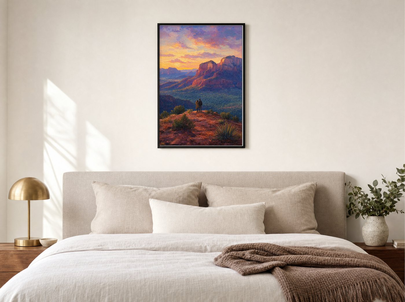 Two at the Overlook framed and hung — a quiet bedroom