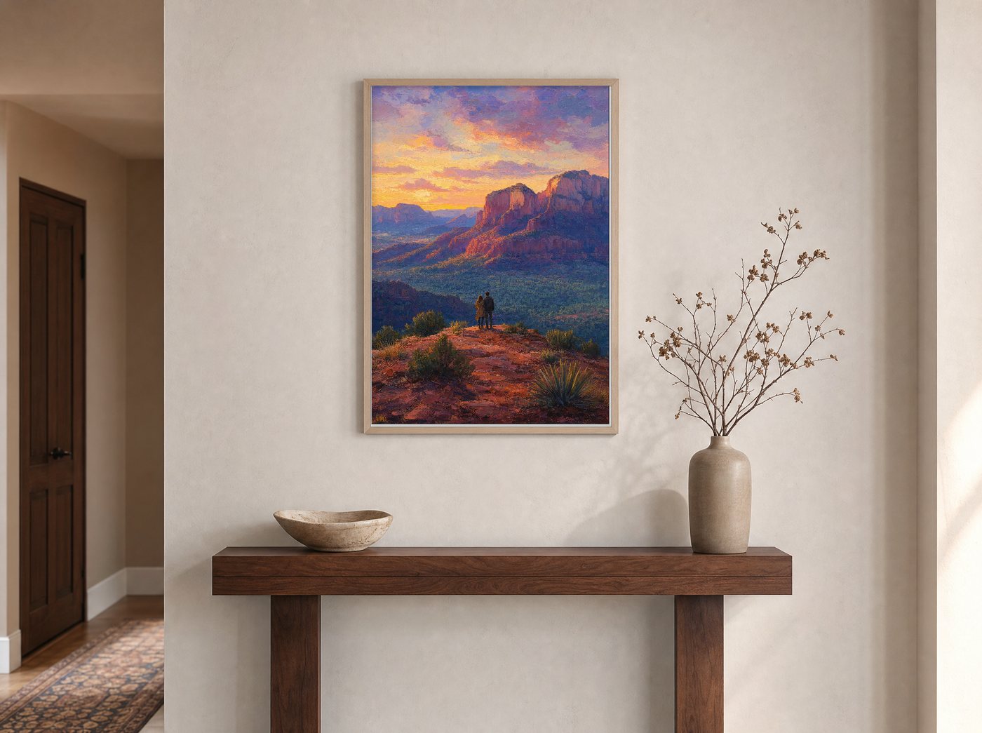 Two at the Overlook framed and hung — an entryway console