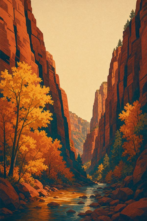 West Fork, Autumn — Red Rock Poster print of the West Fork of Oak Creek in autumn, a narrow canyon of golden bigtooth maples between sheer red walls