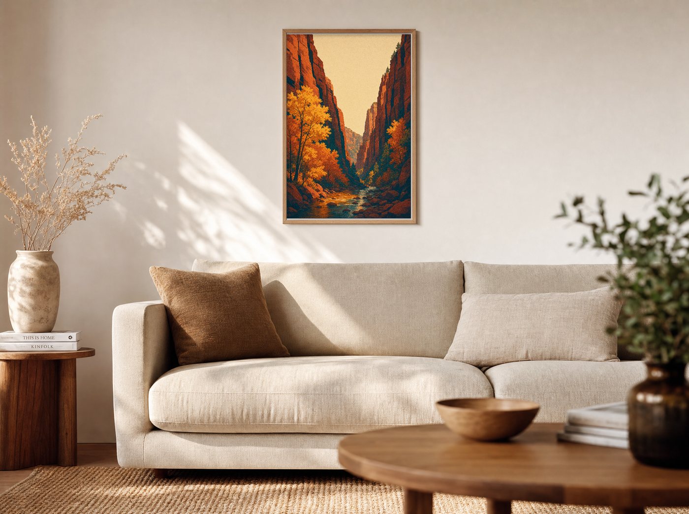 West Fork, Autumn framed and hung — a warm living room