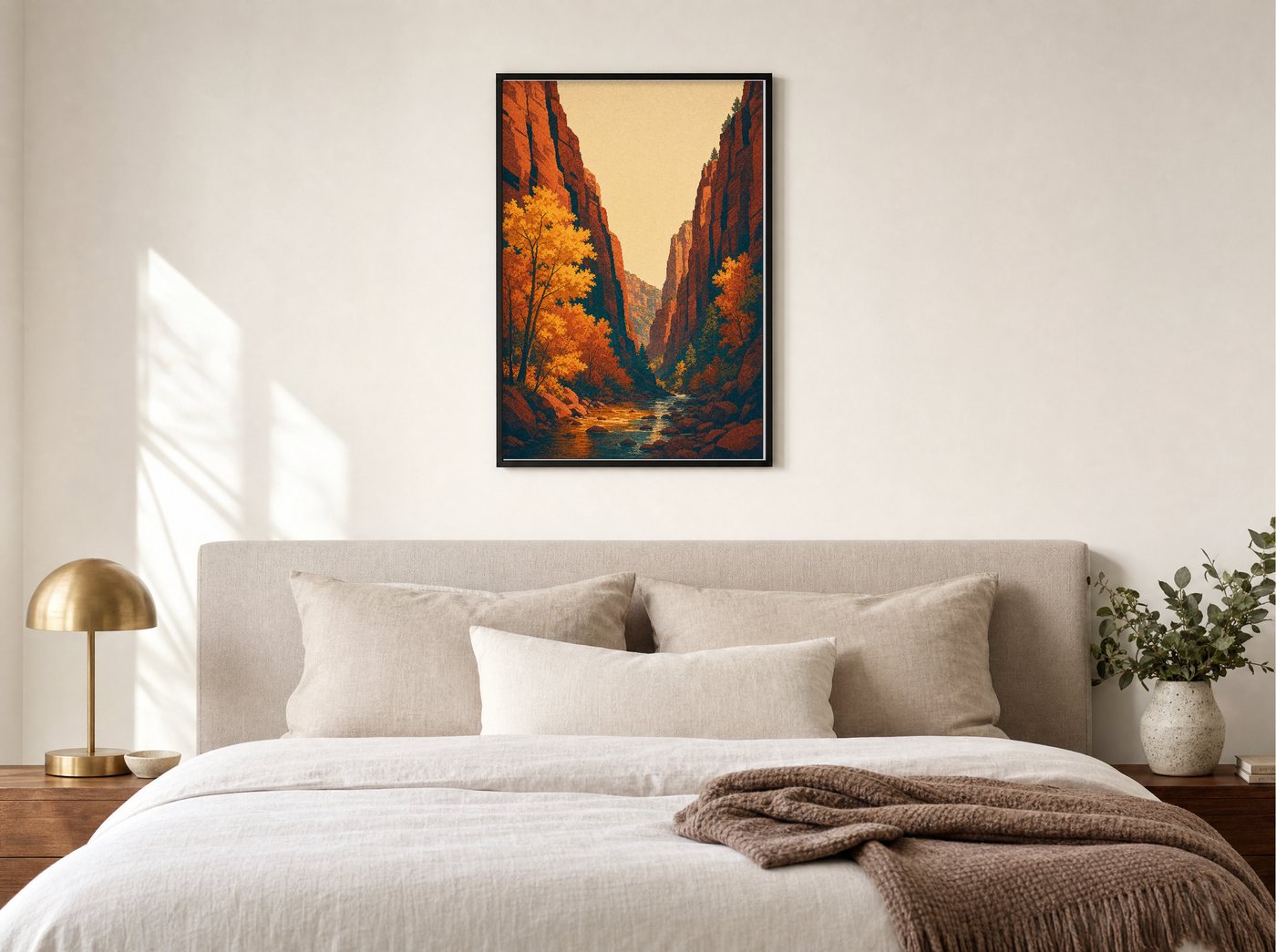 West Fork, Autumn framed and hung — a quiet bedroom