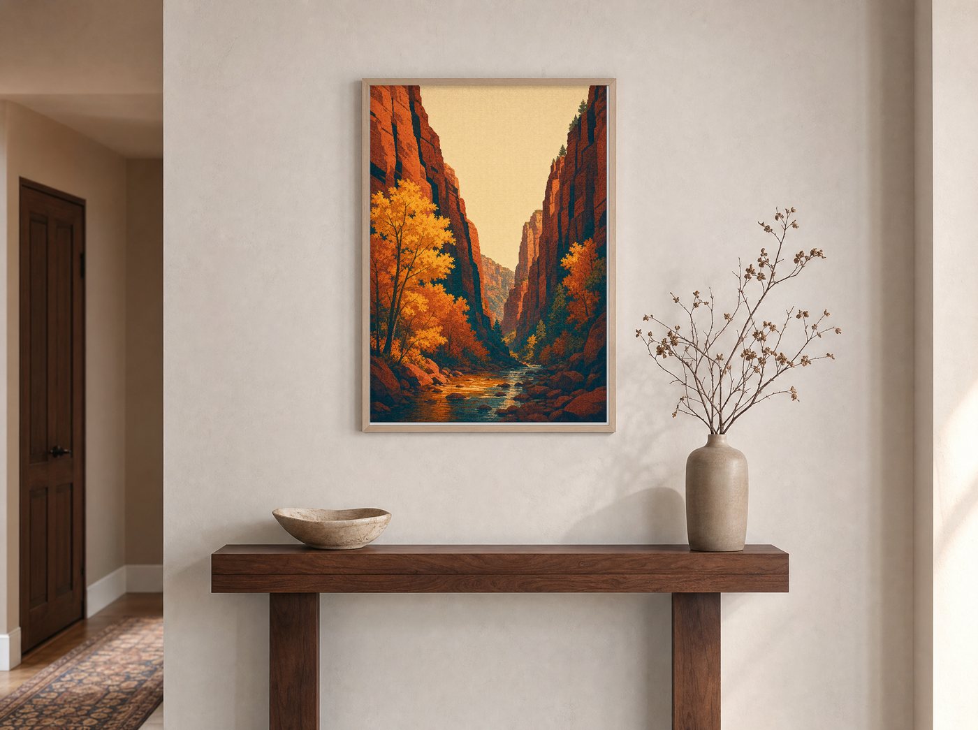 West Fork, Autumn framed and hung — an entryway console