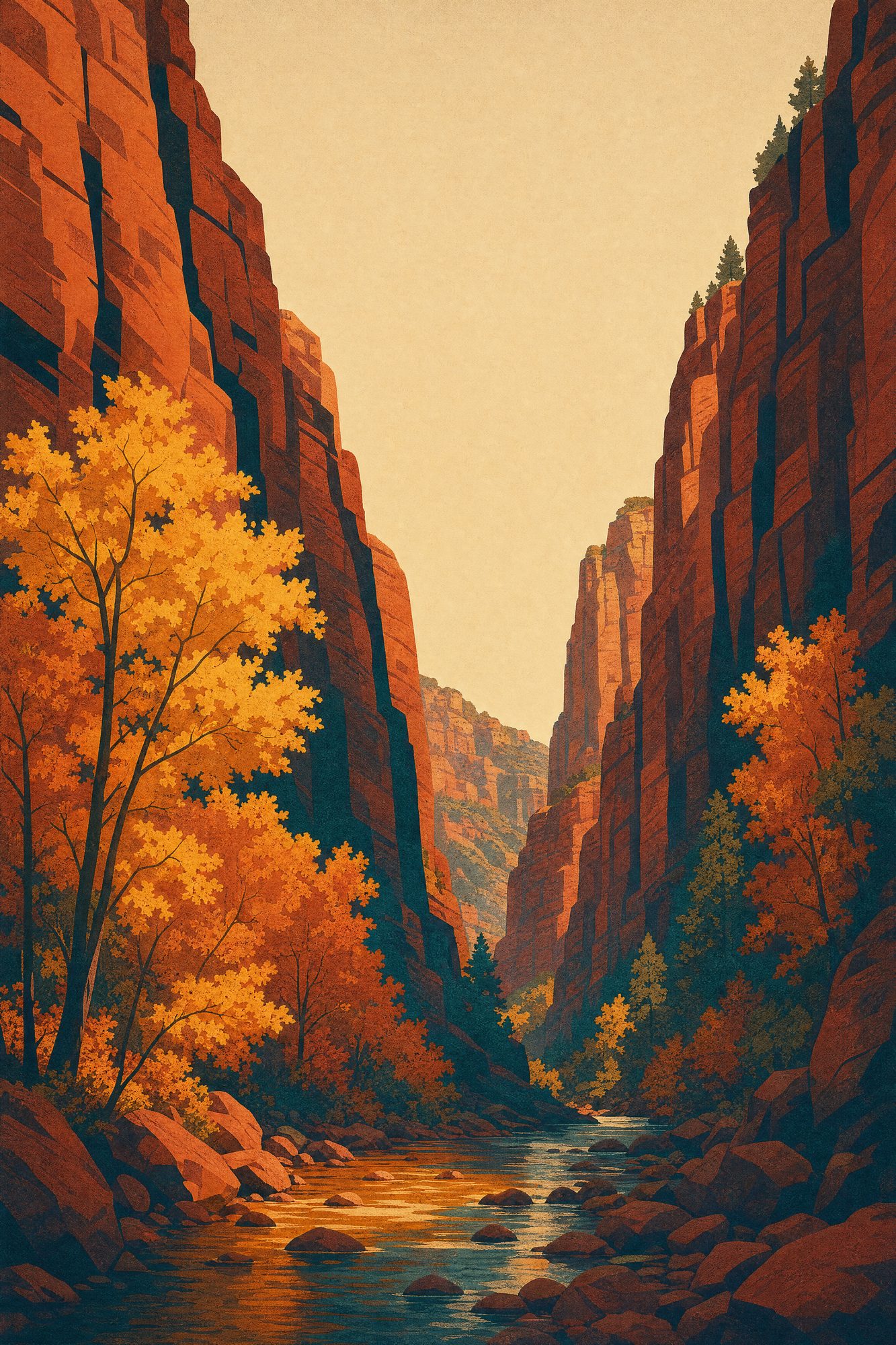 West Fork, Autumn — Red Rock Poster print of the West Fork of Oak Creek in autumn, a narrow canyon of golden bigtooth maples between sheer red walls
